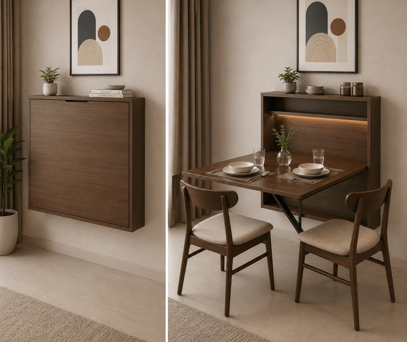 Wall-mounted folding dining table closed and open