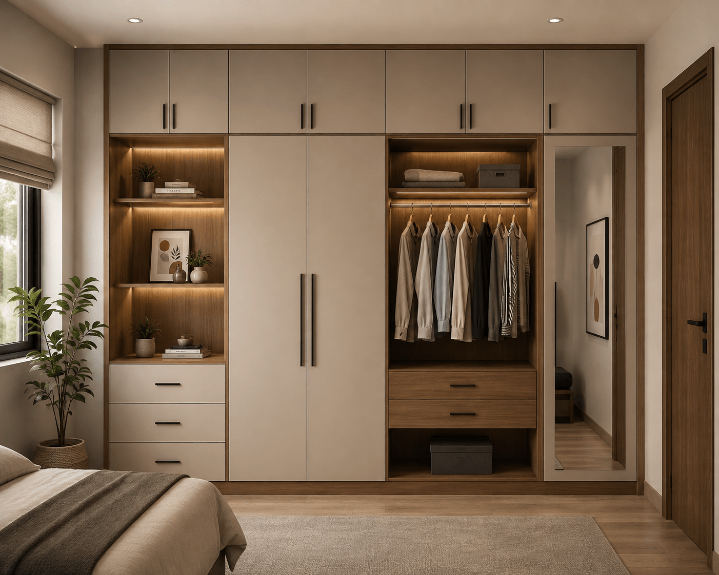 Floor-to-ceiling modular wardrobe with loft, drawers and mirror