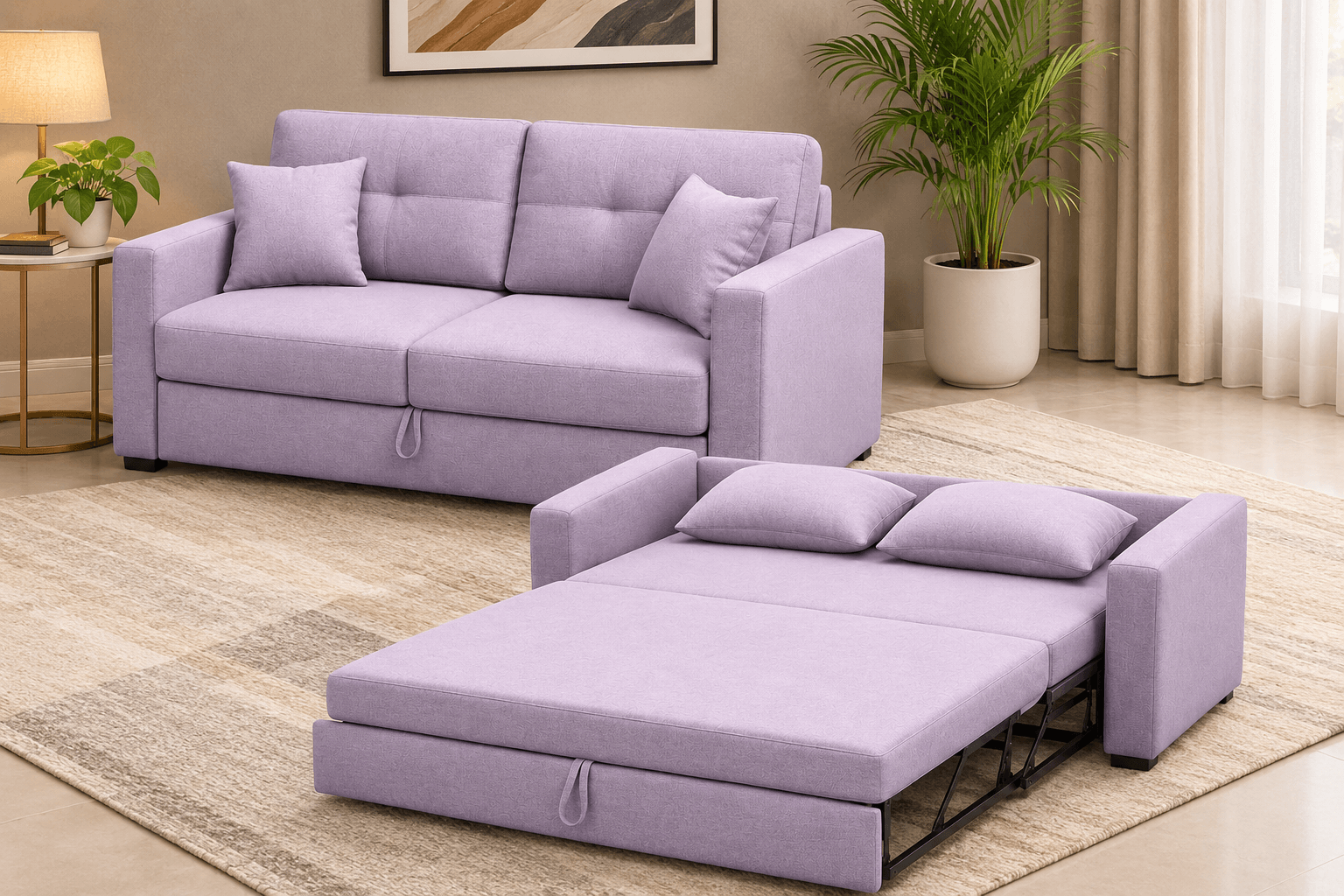 Sofa cum bed as a sofa and pulled out into a bed