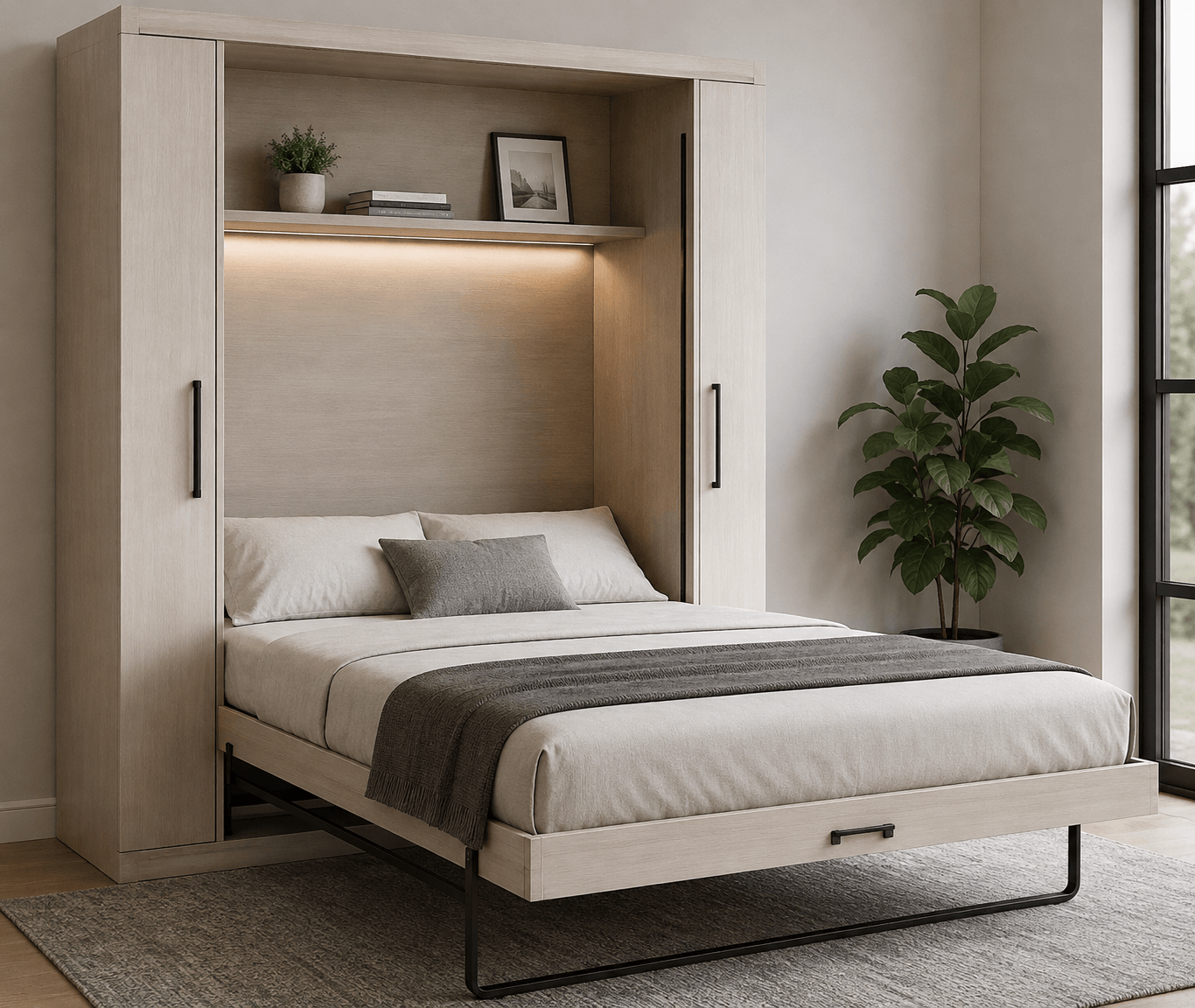Wall bed folded down into a queen bed with cabinet surround
